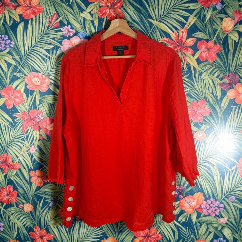 Tahari Women's 1X Bright Coral Orange 100% Linen 3/4 Sleeve Collared Blouse